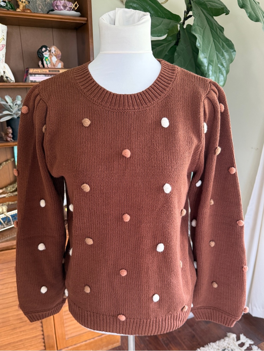 Blu Pepper Brown Pom-Pom Knit Balloon Sleeve Sweater L